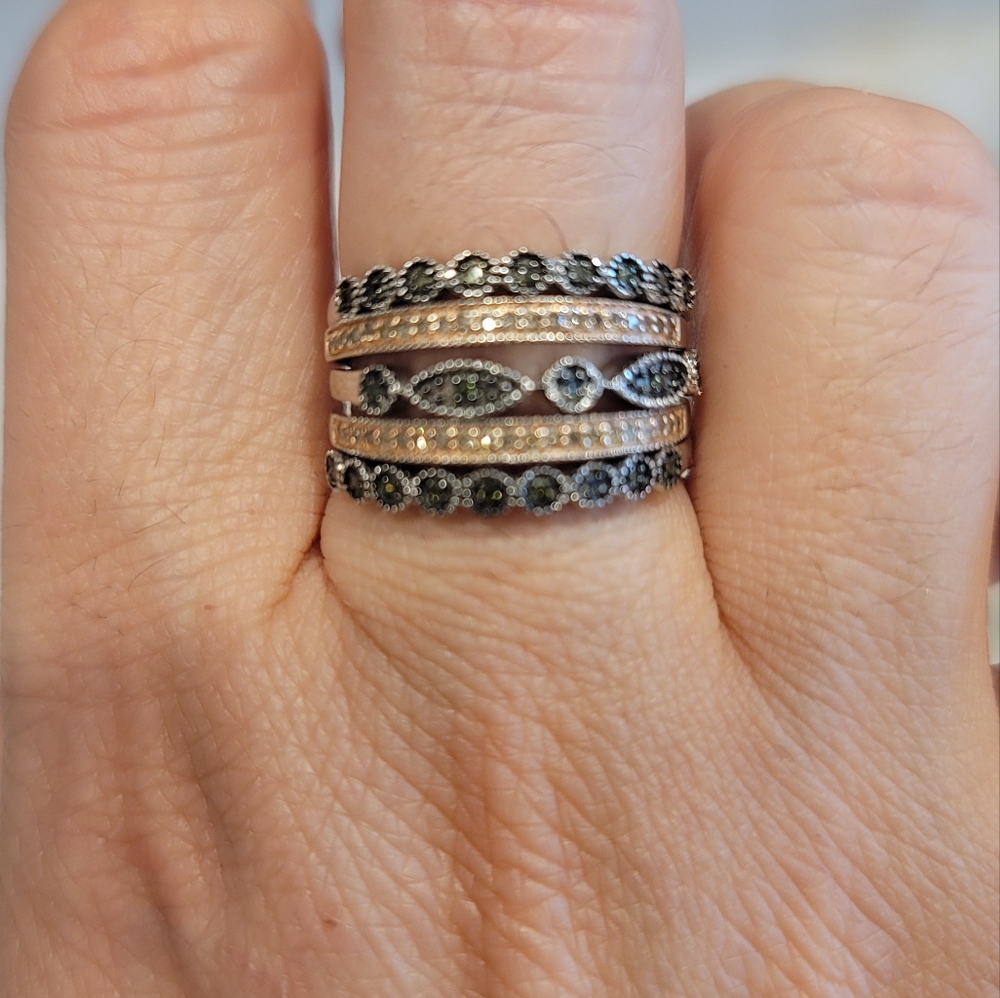SET OF 5 Sterling Silver Black And PINK Diamond Stack Rings! Size 8